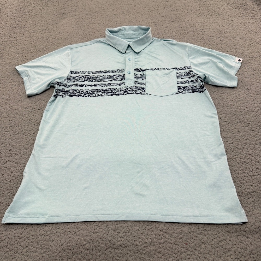 Costa Del Mar Polo Shirt Mens M Performance Blue Wave Graphic Pocket Stretch